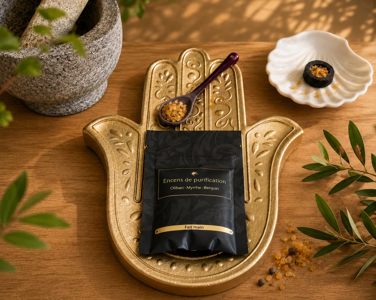 Encens de purification à base de résines naturelles de Myrrhe, d'Oliban et de Benjoin.