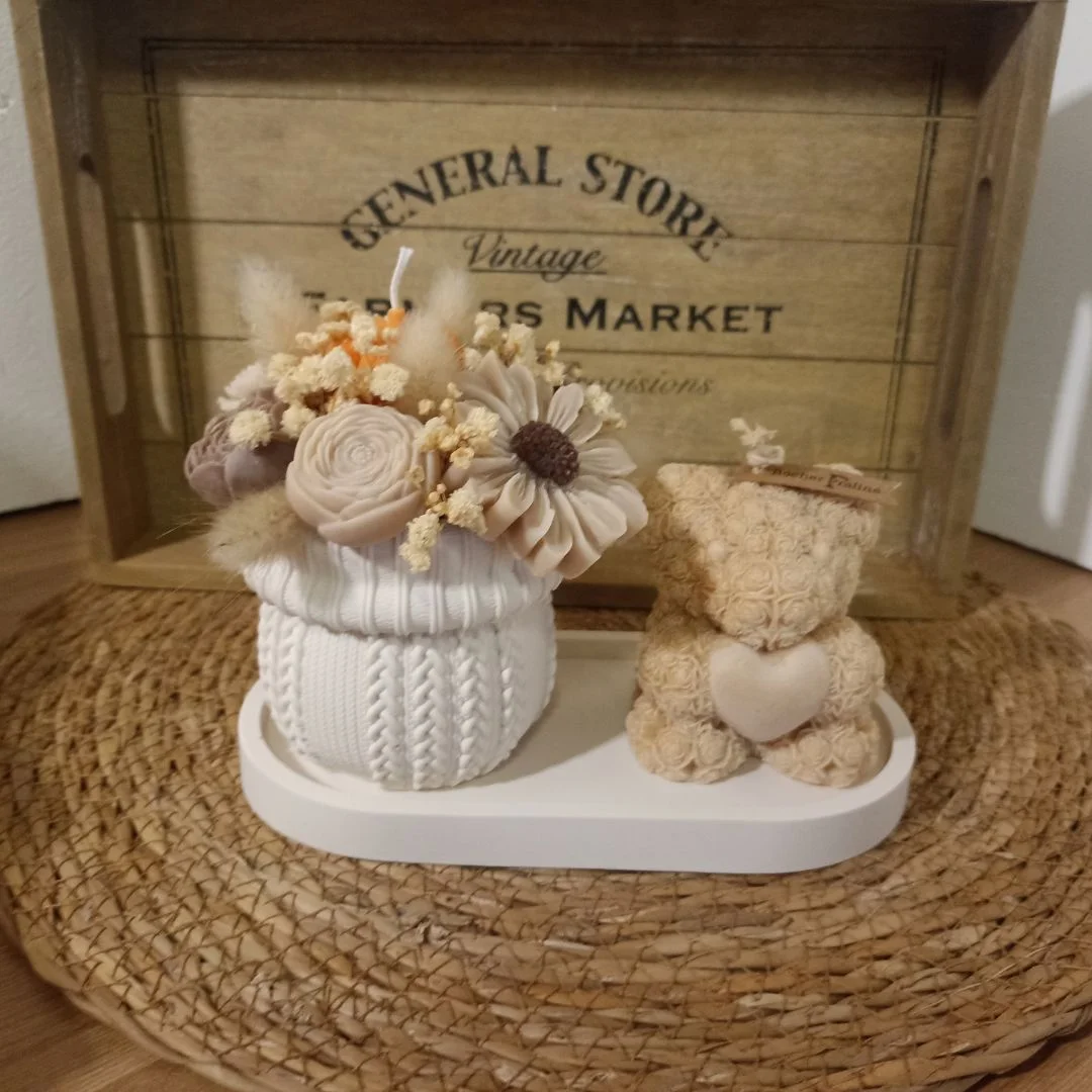 Collection FLEURIE "Le coffret Prestige" - bouquet de l'automne, ourson et plateau en Jesmonite -