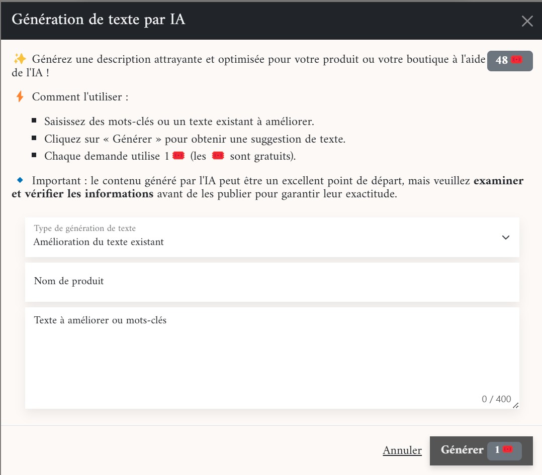 Fenêtre de génération IA