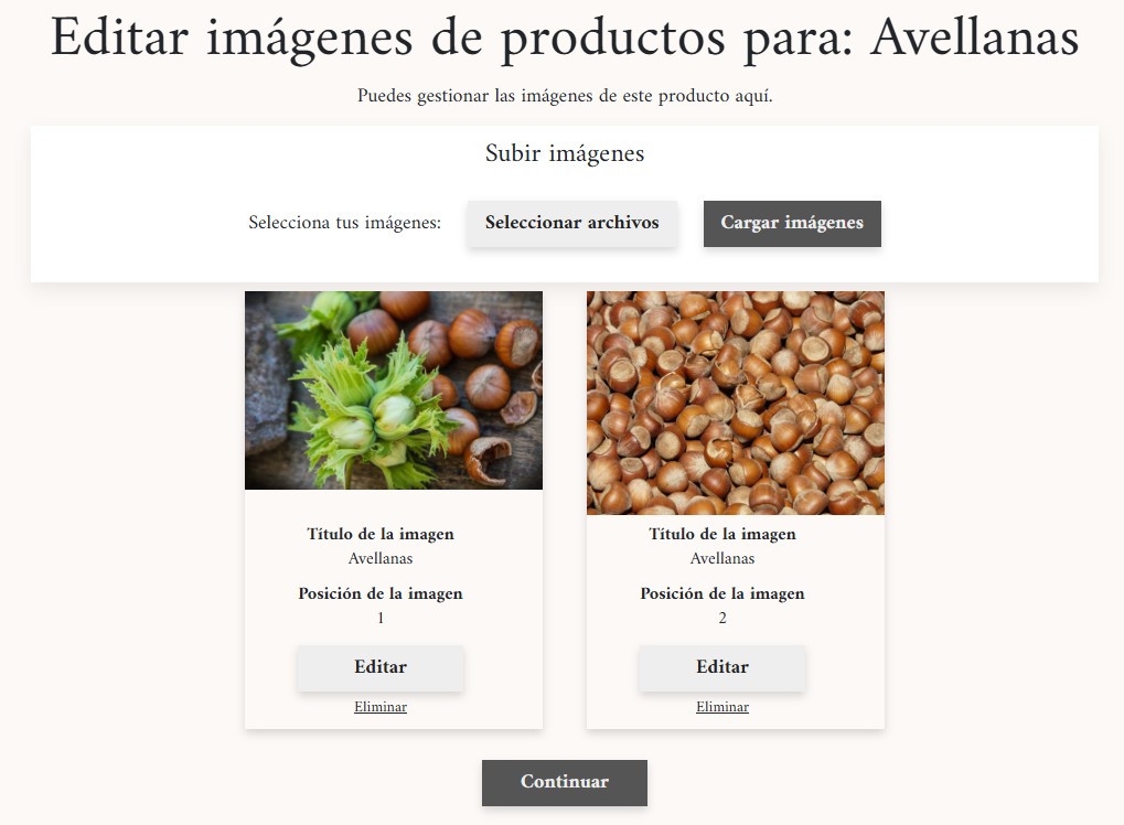 Página de modificación de imágenes de productos