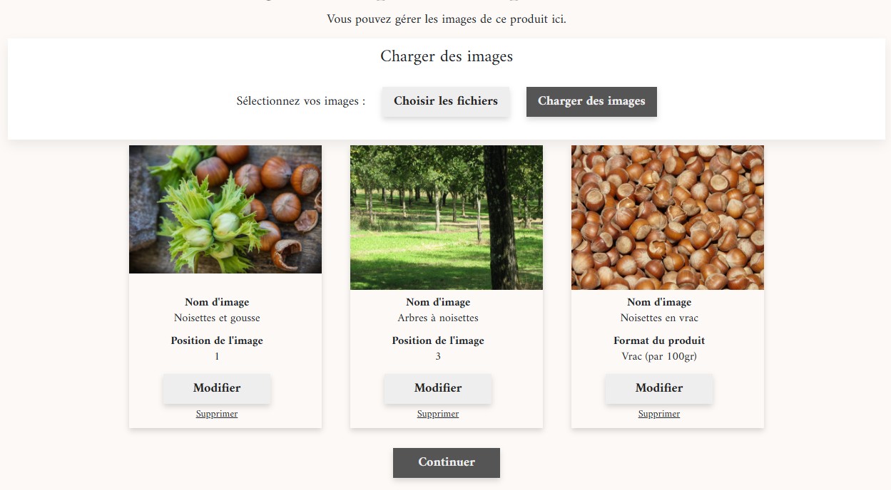 Page de modification des images des produits