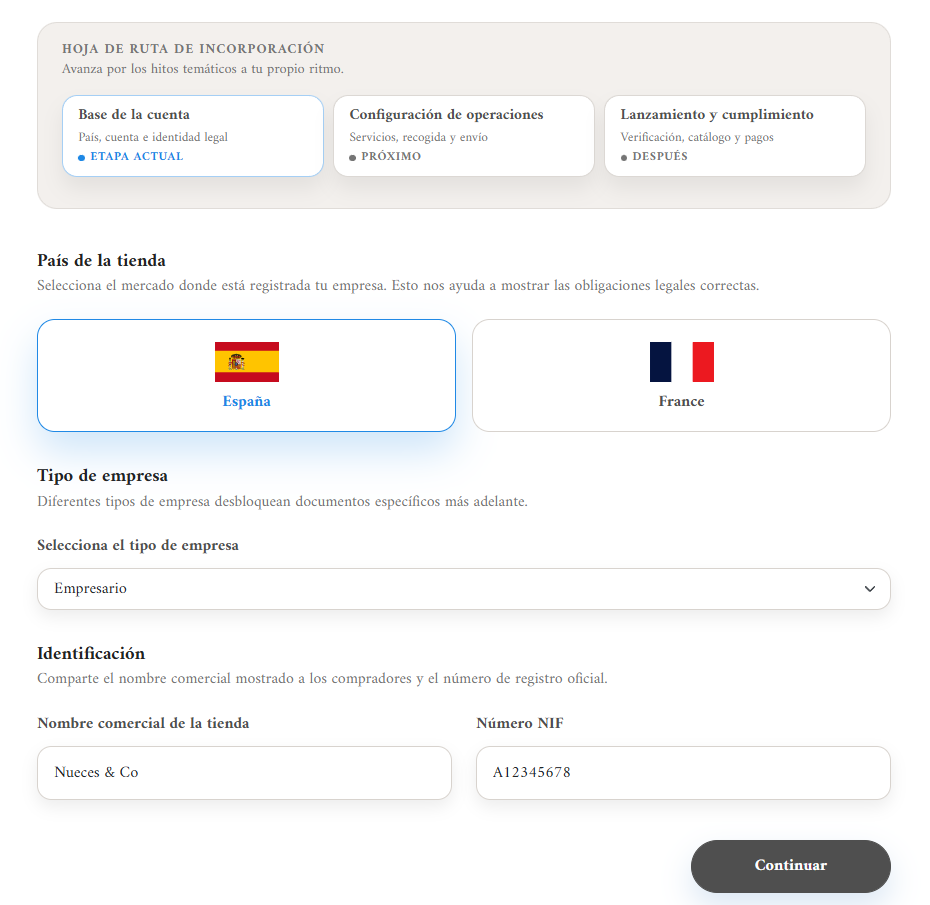 Formulario de creación de tienda