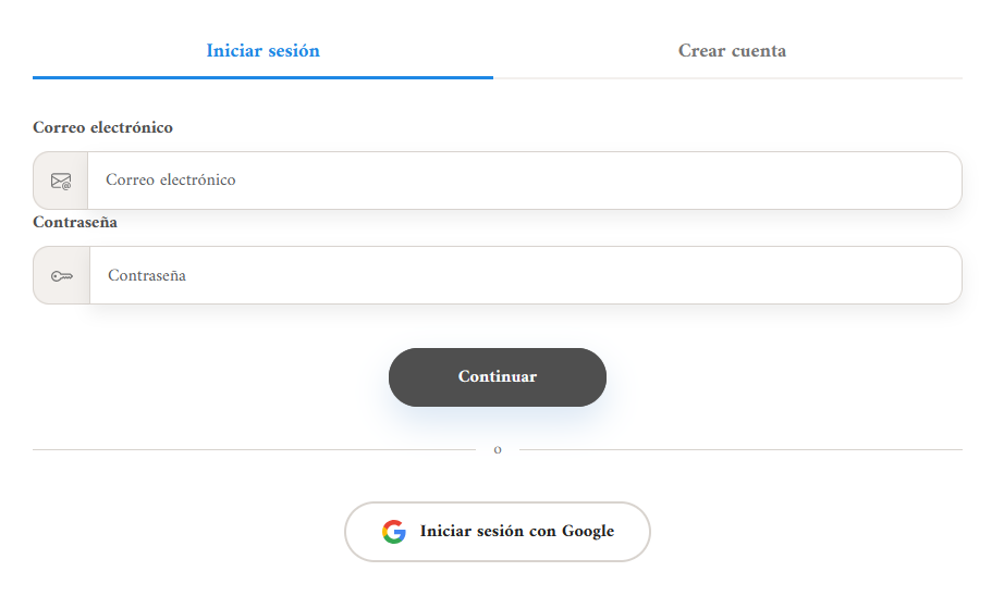 Inicio de sesión o creación de cuenta