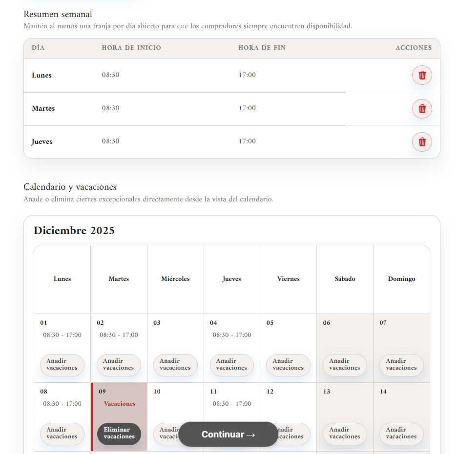 Calendario de un punto de recogida