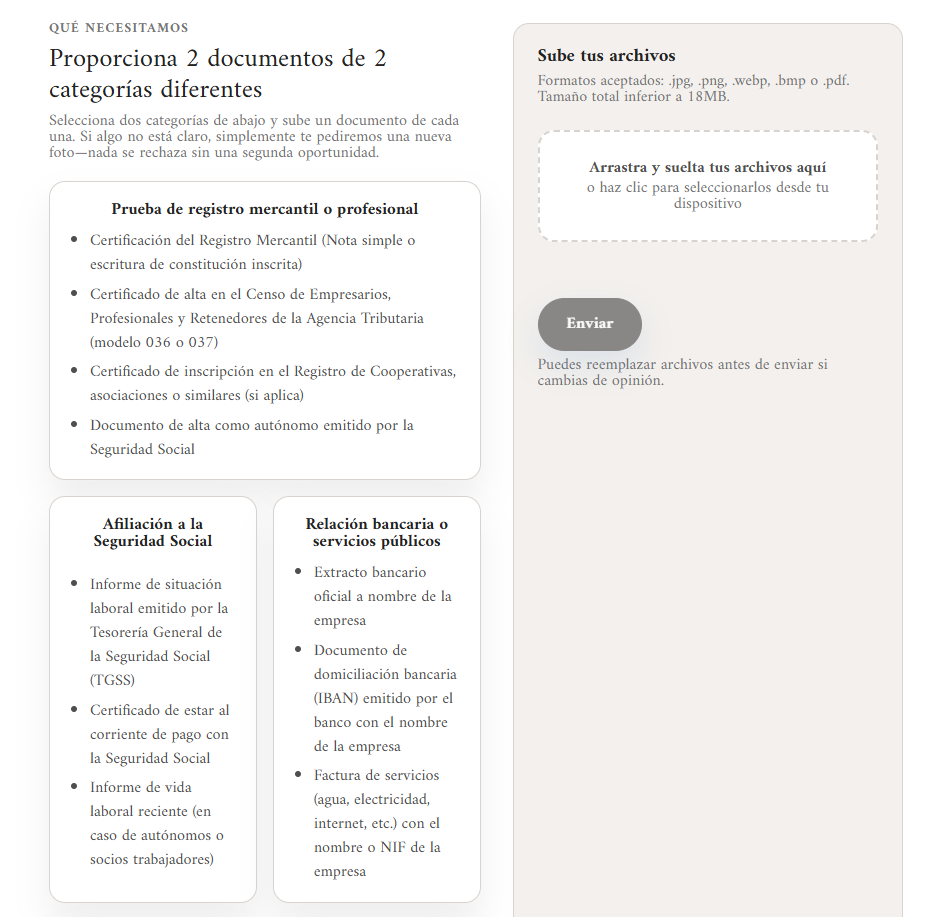 Subida de documentos de verificación