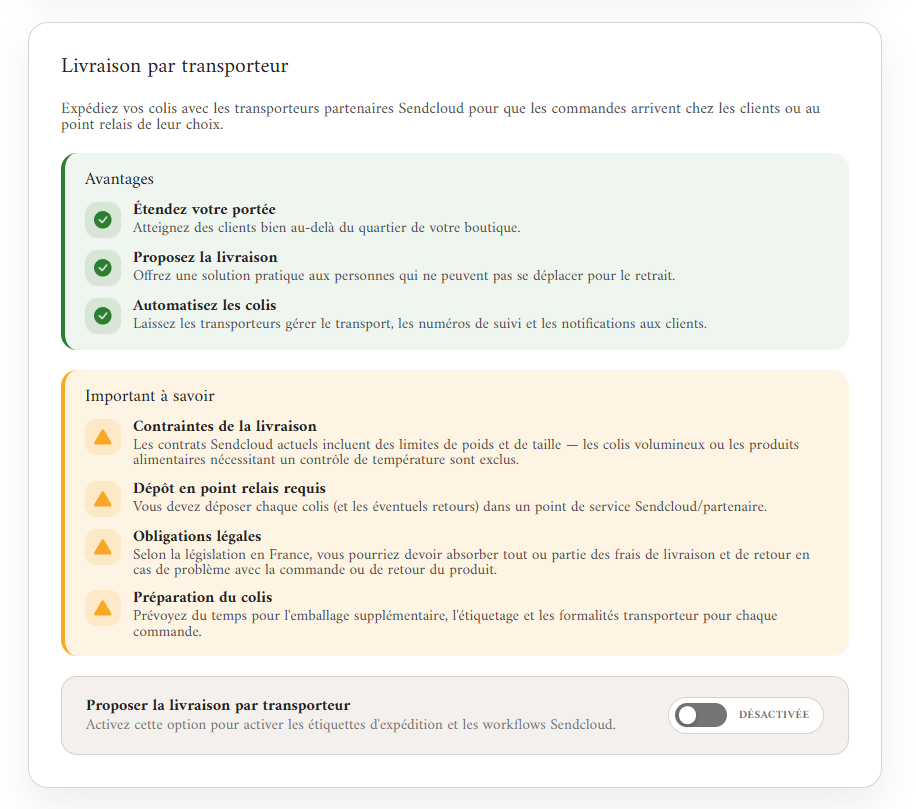 Activation de la livraison