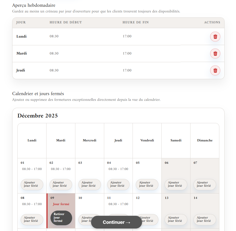 Calendrier d'un point de retrait